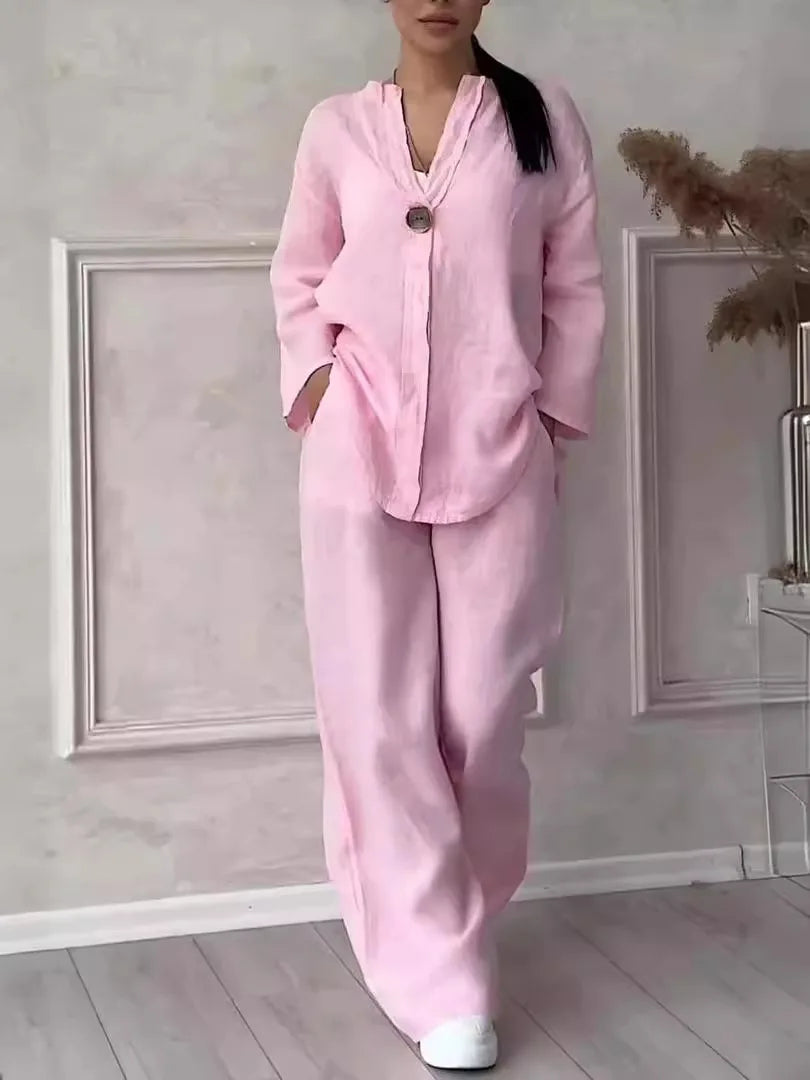 Fashion Solid 2 Piece Pant Sets Women Spring Autumn Buttons V-neck Long Sleeve T Shirt Wide Legs Trousers Two Piece Set Female