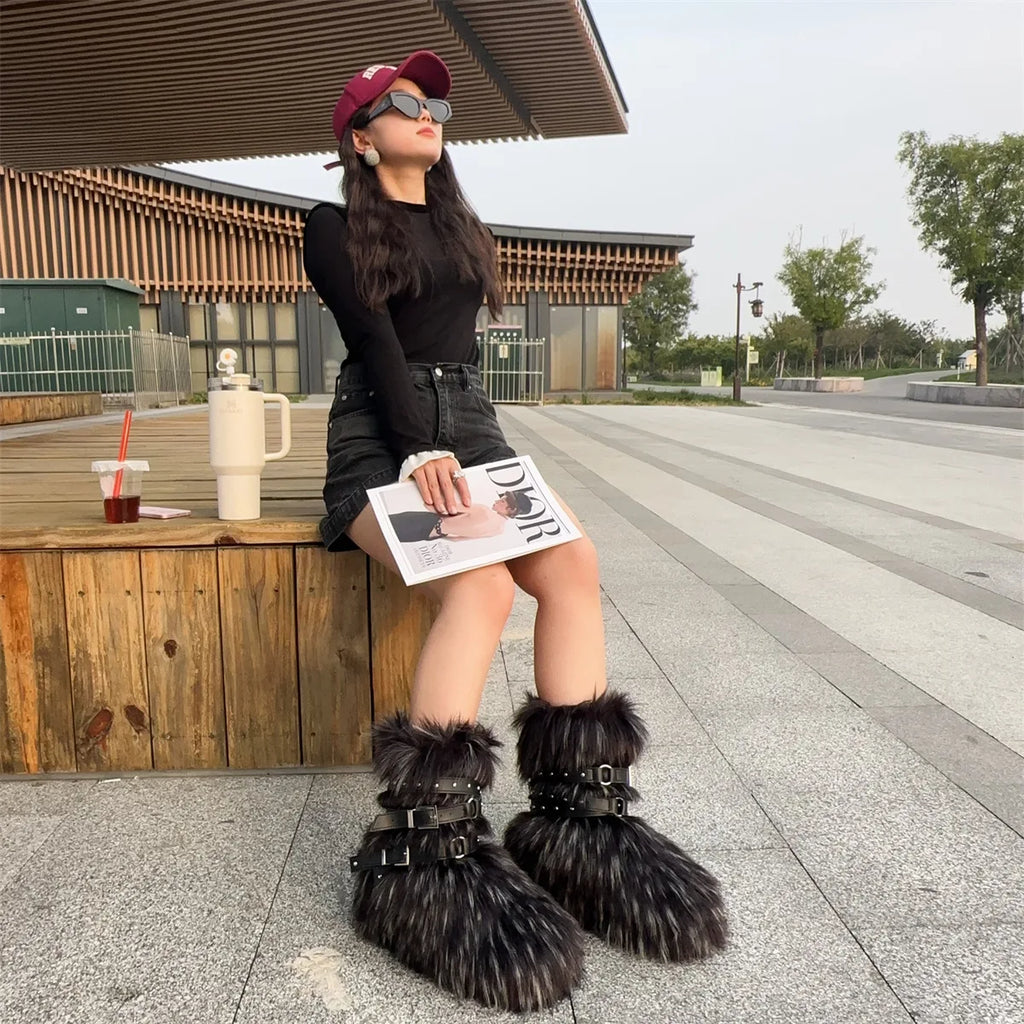 Winter Fur New Design Onepiece Raccoon FurFemale Snow Boots Fur shoes OutdoorMid Leg Boots y2k Cool Pink Girl