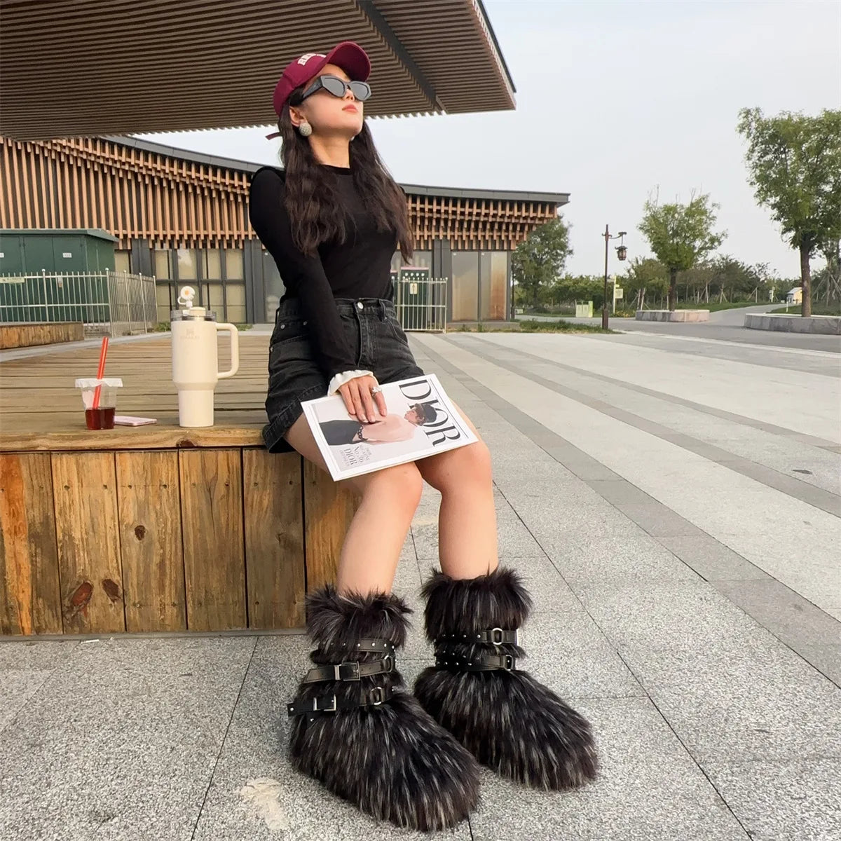 Winter Fur New Design Onepiece Raccoon FurFemale Snow Boots Fur shoes OutdoorMid Leg Boots y2k Cool Pink Girl
