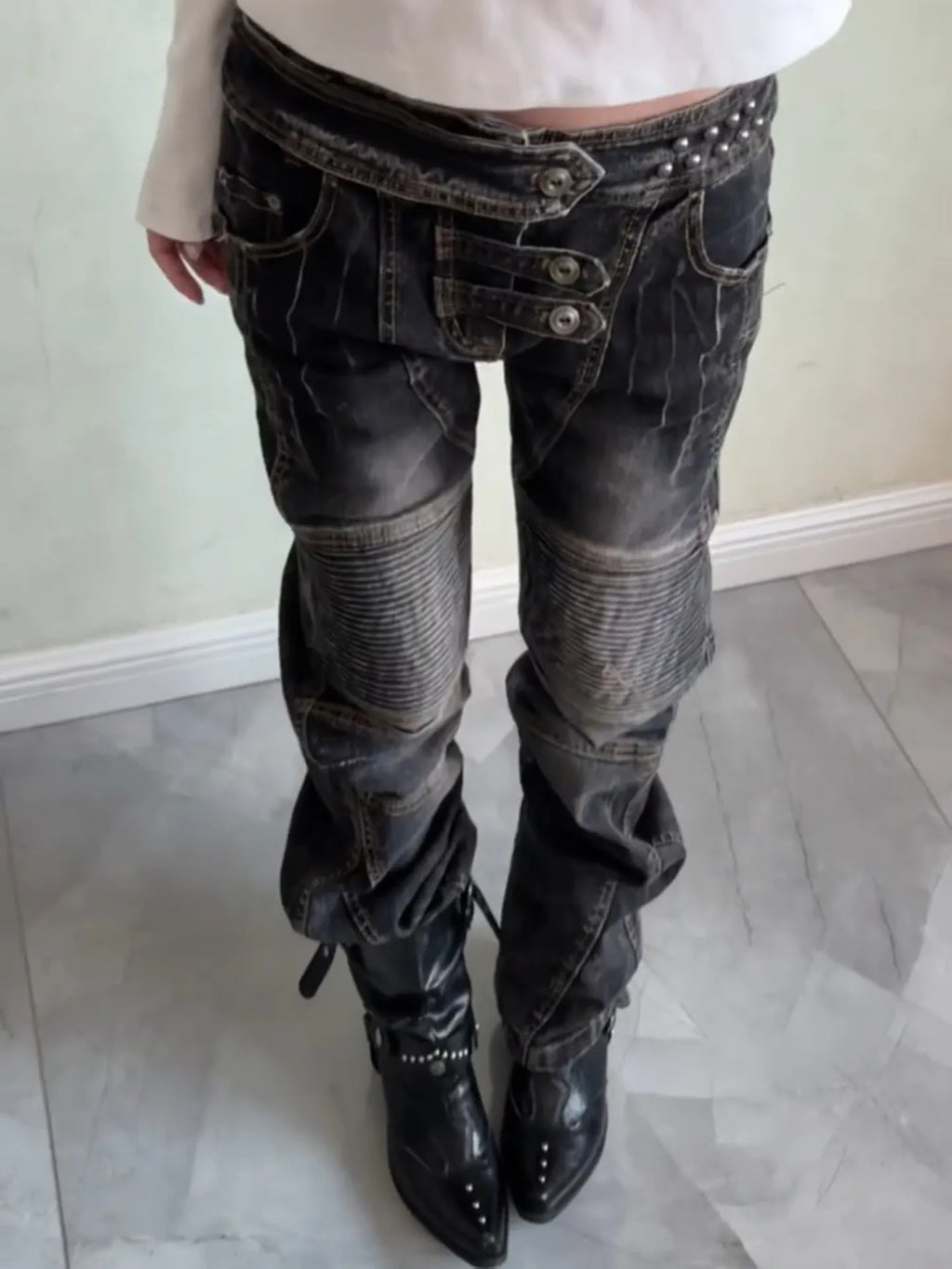 Women's Dark Academia Low Rise Stacked Jeans American Retro Denim Pants Y2k Abi Designer Skinny Jeans Harajuku Japanese Goblin