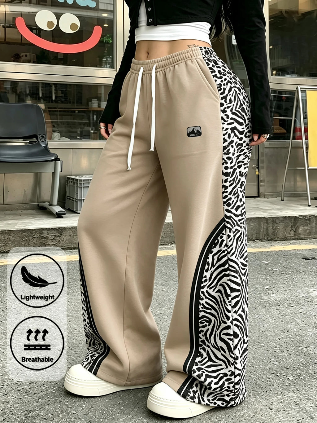 Women Leopard Spliced Wide Leg Sweatpants Drawstring Elastic Waist Casual Street Trousers