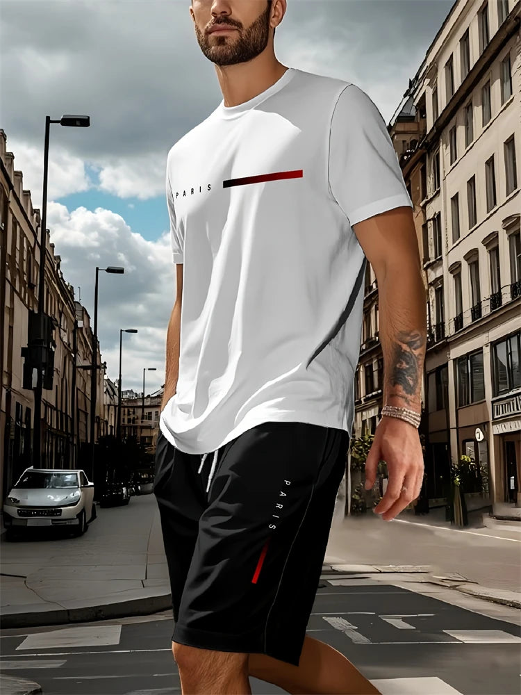 2025 Summer New Two-piece Men's Casual Striped Pattern Printed Short-sleeved T-shirt And Sports Shorts Suit Fitness Sports Suit
