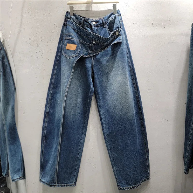 Women Irregular Crossover Waist Wide Leg Jeans Women's 2026 Autumn New Wide Legs Pants Vintage Washed Casual Denim Trousers