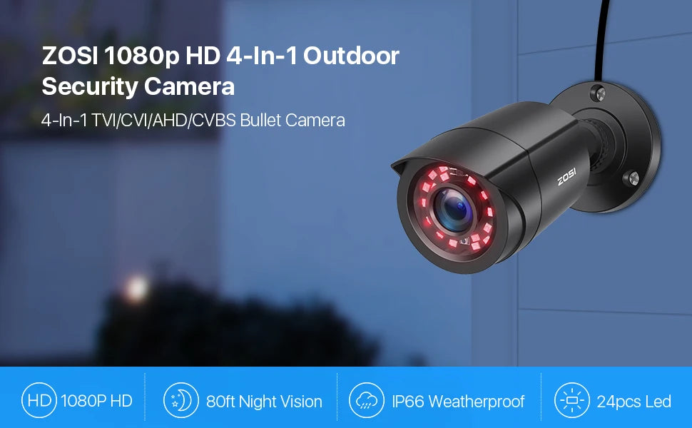 ZOSI 1080P 4-in-1 CCTV Security Camera ,3.6mm Lens 24 IR LEDs,80ft Night Vision ,Outdoor Whetherproof Surveillance Camera