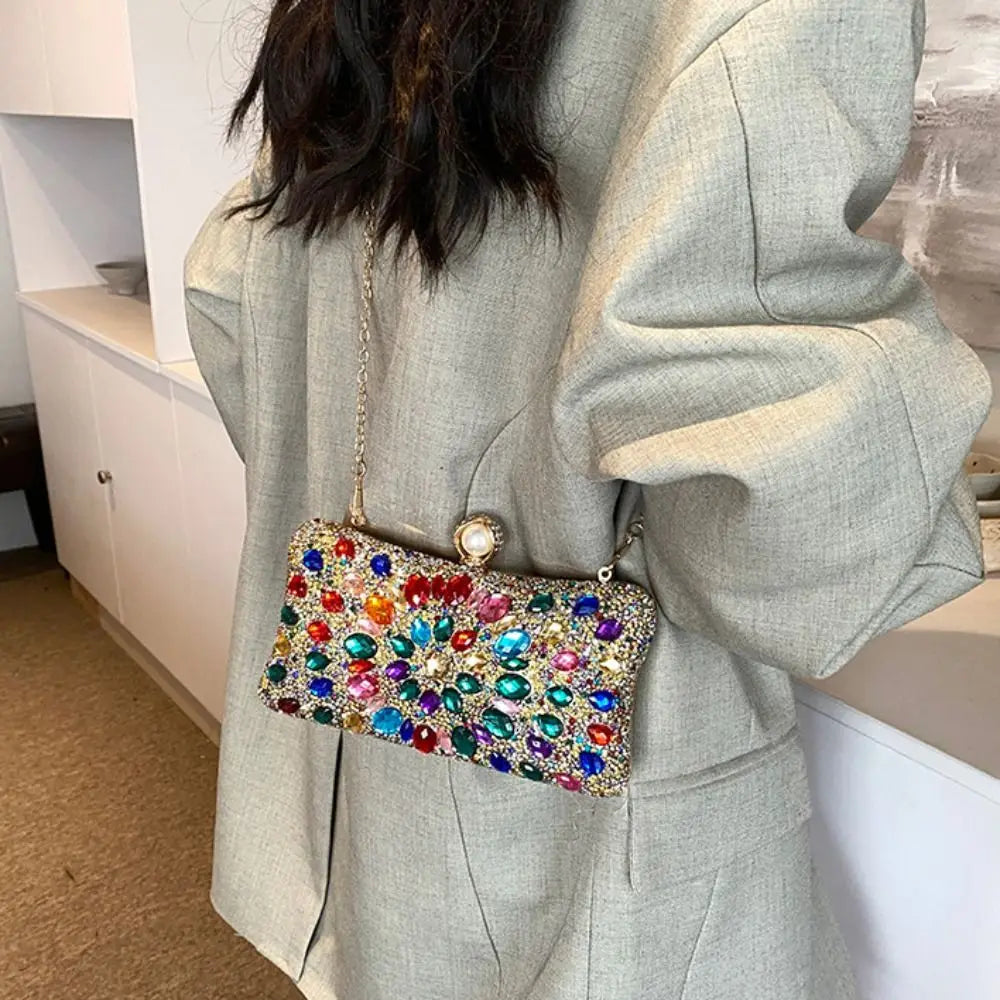 Portable Shiny Evening Banquet Bag Sequin Bling Crystal Colorful Rhinestone Shoulder Bag Handbag Purse Chain Crossbody Bag Women
