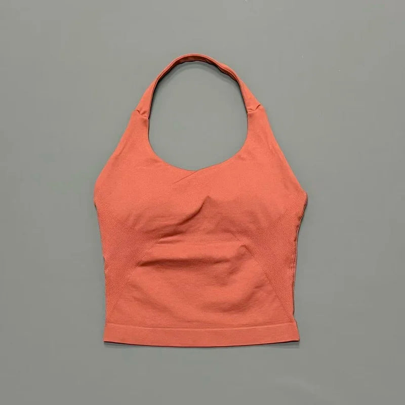 Halter Yoga Tank Top Women Sexy Seamless Strappy Backless Slim Fit Padded Breathable Gym Fitness Running Workout Sports Tops