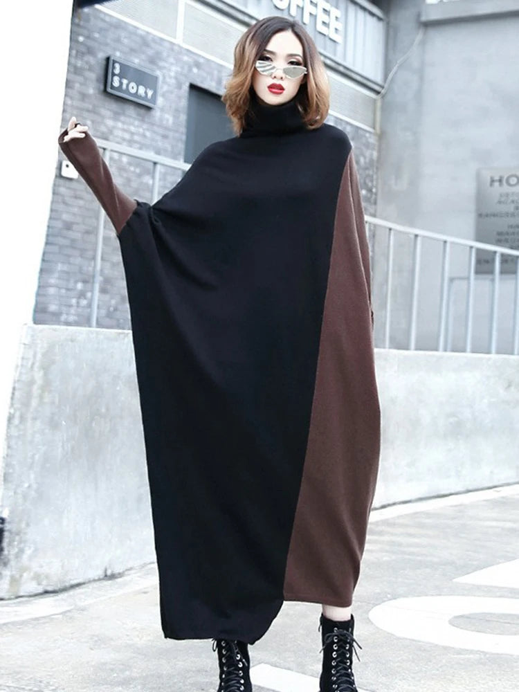 [EAM] Women Coffee Color-block Big Size Long Sweater Dress New Turtleneck Long Sleeve Fashion Tide Spring Autumn 2026 1DJ2393