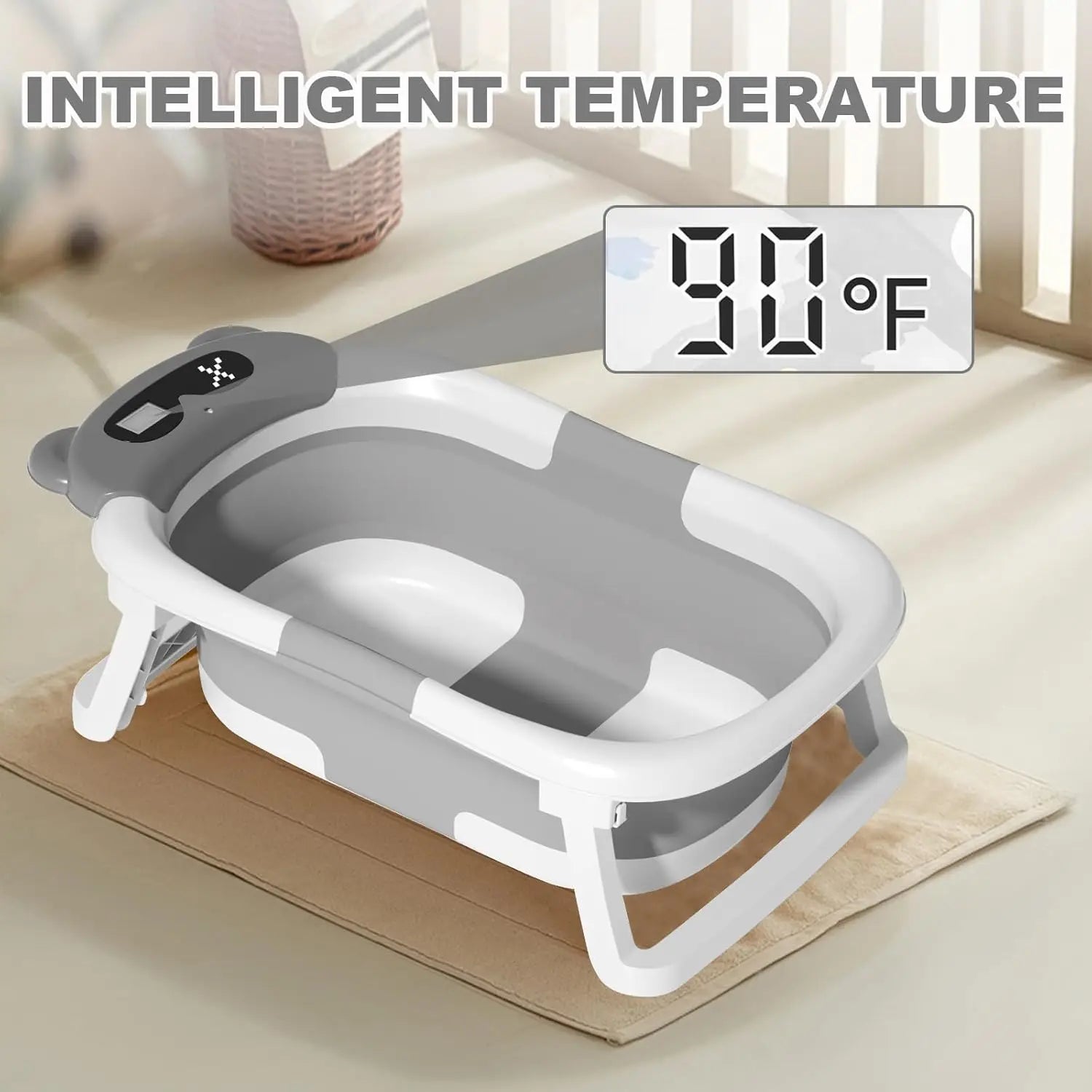 Baby Bath Tub with Bath Cushion Foldable Bathtub with Thermometer Shower Cap Shower Brush for Newborn and Toddler 0-36 Months