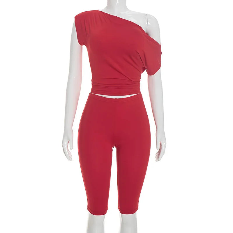 One Shoulder Solid 2 Piece Set Women Summer Short Sleeve Crop Top Shirt Pant Matching Sets Beach Vacation Outfit Streetwear Gift