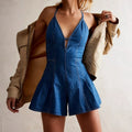 Women Spaghetti Strap Denim Romper Sleeveless V Neck Backless Tie-Up Jean Short Jumpsuits Y2k Ruffle Jean Overalls