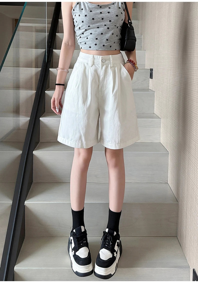 Y2K Retro Loose Casual Middle Short Jeans Summer New Women's Korean Denim Five Points Pants Ladies Fashion All Match Baggy Jeans