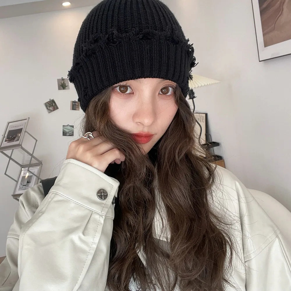 New Fall and Winter Hip Hop Trend Broken Brim Knitted Hat Woman Man Green Grey Black White Hole Cap Warm Hat Bonnets Fall