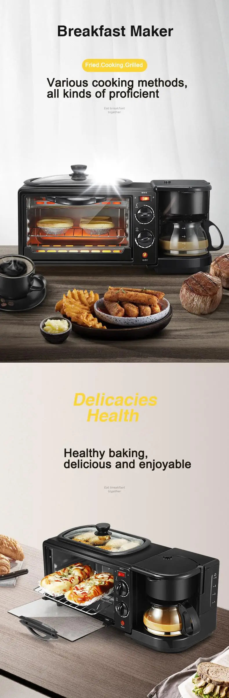 Home Use 3 In 1 Breakfast Makers Multi Function Breakfast Machine with Electric Heater 9L Toaster Oven Coffee Maker Frying Pan