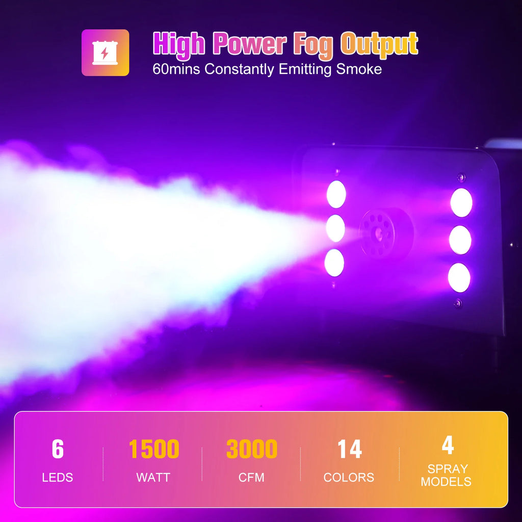 U'King 1500W Smoke Machine RGB 6 LED Fog Machine with Remote Control for DJ Disco Party Christmas Stage Effect Fogger Machine
