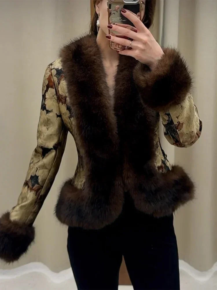 Floral Jacquard Faux Fur Trim Jacket V Neck Single Button Long Furry Cuff Cropped Coats 2026 Vintage Winter New Warm Party Coat