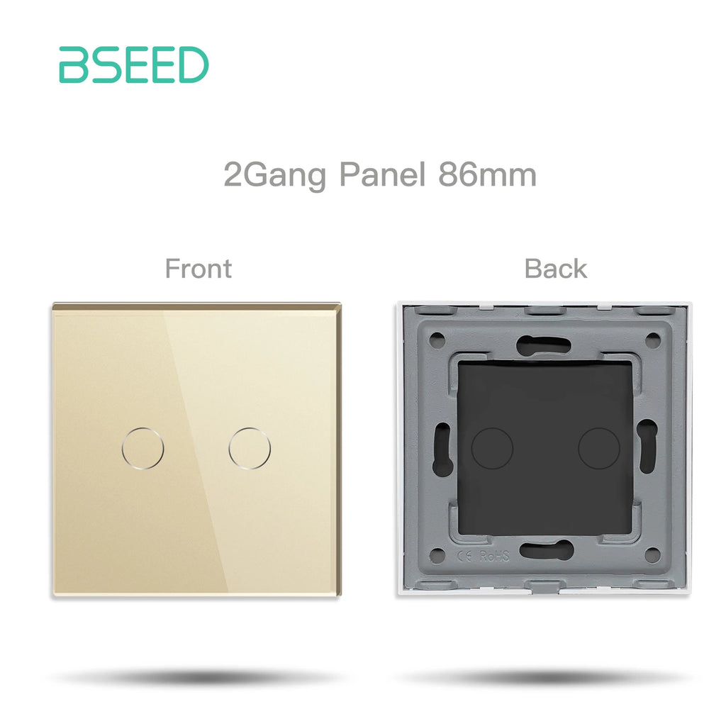BSEED EU Standard Crystal Glass Panel 86mm For Touch Switches 1/2/3Gang With Metal Frame Wall Light Switch Function Part Only