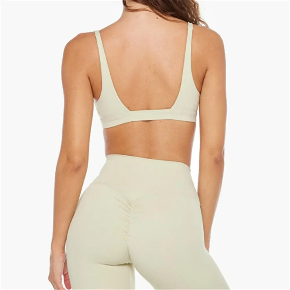 2PCS Nude Deep VNeck Sport Bra Women Yoga Sets Workout Gym Scrunch High Waist Fitness Push Up Shorts Running Avtive Suit XP187