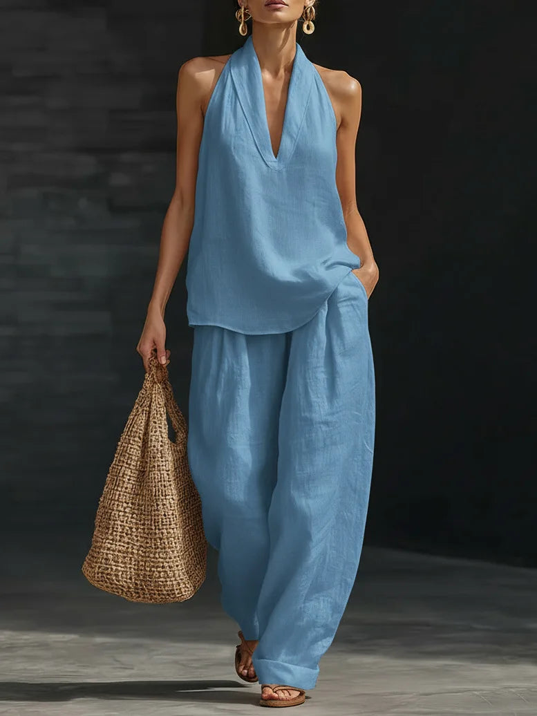 Loose Two-piece Halter Neck V-neck Sleeveless Top Trousers 2026 Summer Women's Fashion Solid Color Casual Womens Matching Sets