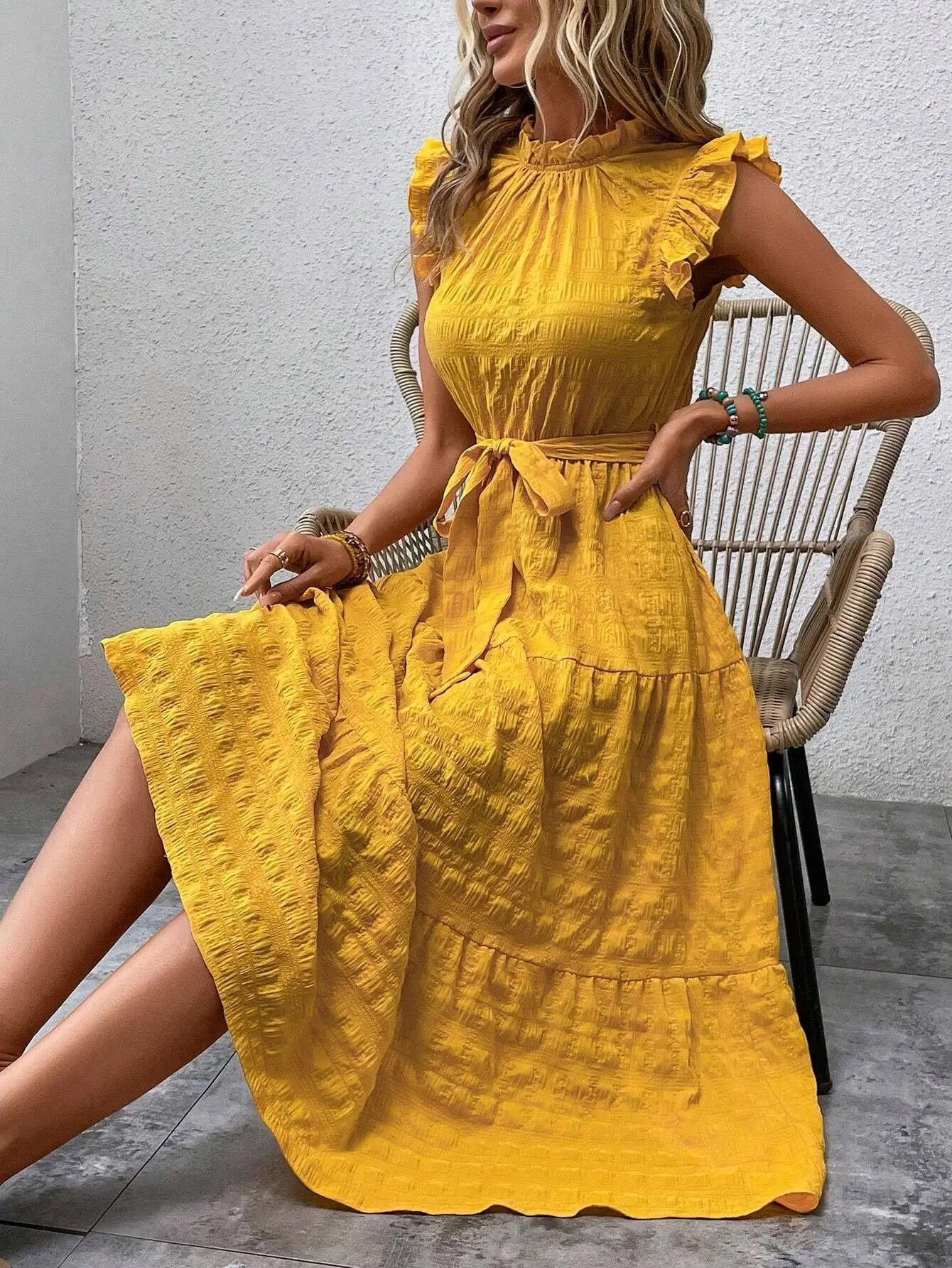 Elegant Women's Summer New Fashion Wooden Ear Edge Flying Sleeve Lace Up Texture Dress Purple  Sleeveless Lace Up Long Dresses