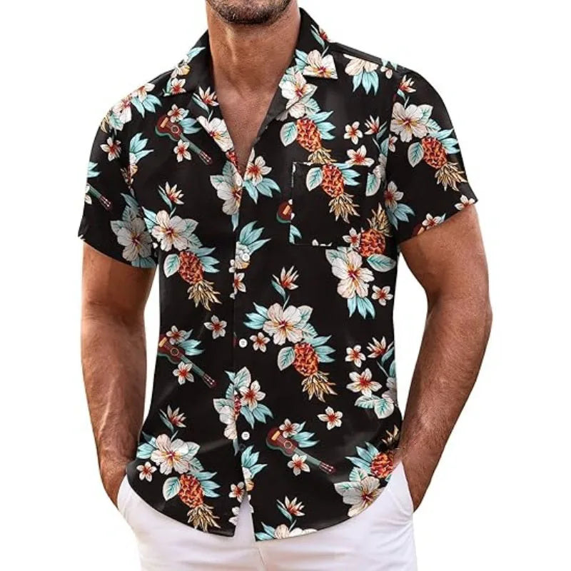 Men's Hawaiian Shirt Short Sleeved Floral Button Shirt Tropical Summer Beach Shirt Camping Collar Shirt