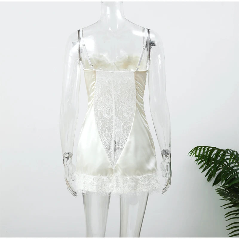 White Satin Women's Mini Dress Backless Patchwork Lace-up Sleeveless Dresses 2026 Fashion Summer Party Evening Elegant Vestidos