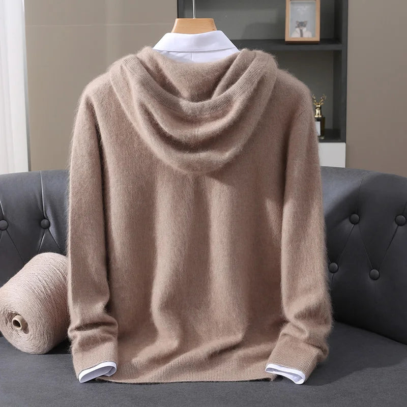 Autumn Winter New 100% Mink Cashmere Sweater Men's Solid Color Hooded Pullover Knitted Sweater Loose Casual Top For Outdoor Wear