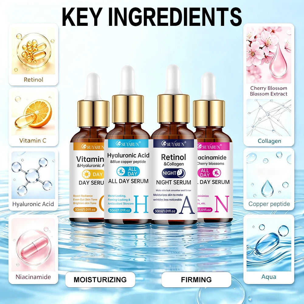 SUYARUN 4-in-1 Face Serum with Retinol, Vitamin C, Hyaluronic Acid & Niacinamide | Anti-Aging, Brightening, Hydrating