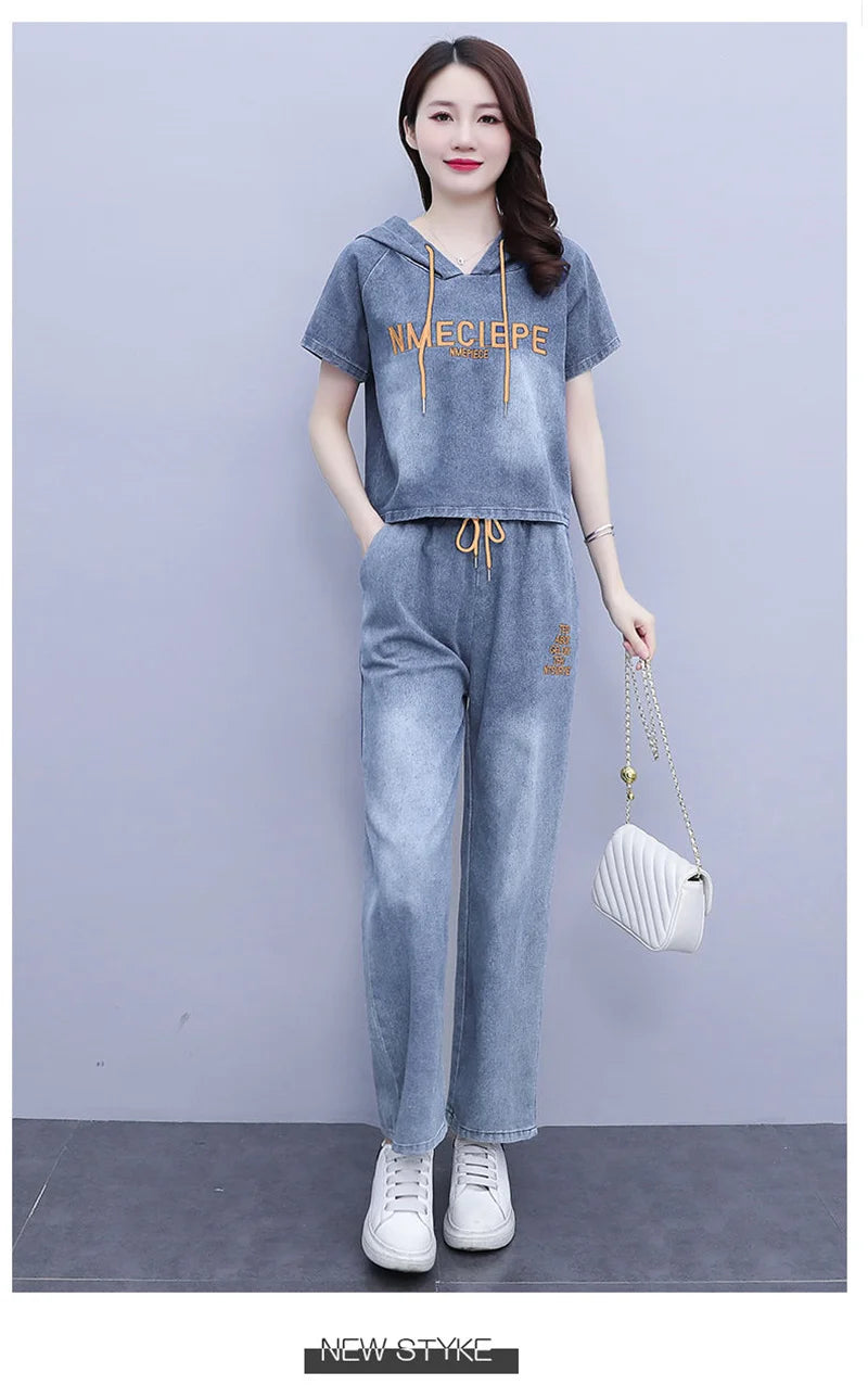 Summer Thin Jeans Set Women Fashion Short Sleeve Hooded Pullover Tops + Elastic Waist Wide Leg Pants 2PCS Female Denim Outfit