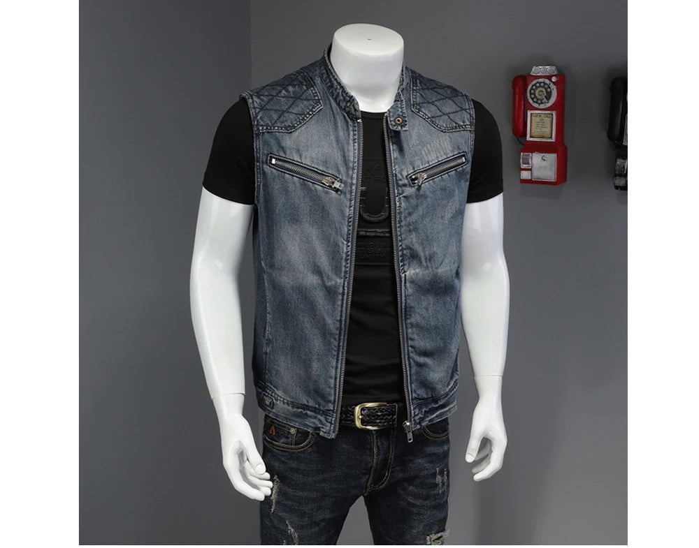 DIMUSI Mens Denim Vests Vintage Fashion Design Retor Sleeveless Jackets Men Streetwear Ripped Hole Punk Jean Waistcoats Clothing