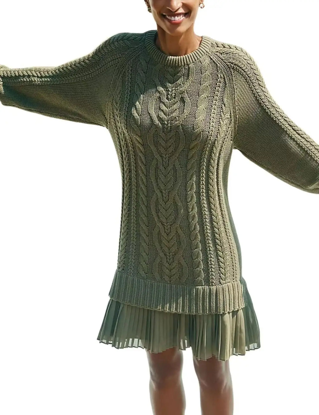 2025 Winter Long Sleeve Twist Knitted Sweater Dress Woman Ruffle Chiffon Pleated Dresses Fall Solid Warm A-Line Pullover Dress