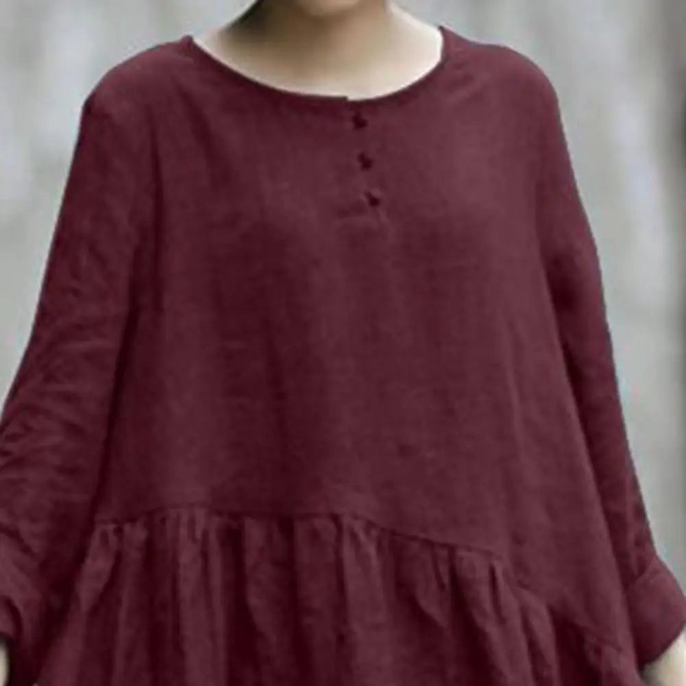 Women's Cotton Linen Maxi Dress Long Sleeve Button Up Crewneck Long Dress with Pockets Plus Size Casual Flowy Beach Sundress