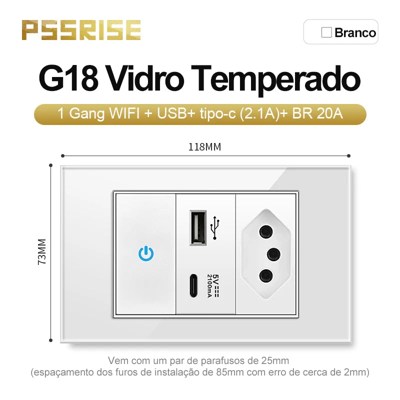 PSSRISE White Tempered Glass Standard sockets and switches brazil Switzerland Usb Type C Wall Socket Light Switch Smart Switch