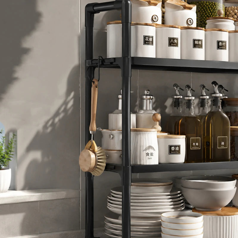2/3 Floor Microwave Oven Rack, Kitchen Countertop Storage Rack, With Hooked Metal Appliance Rack, Saving Kitchen Shelf Space