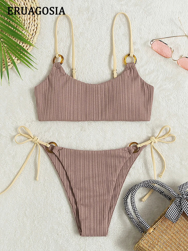 Sexy Ribbed Bikini for Women, Push Up Swimwear, Female Bikinis Set, Beachwear with Straps, Brazilian Bathing Suits, Swimsuits