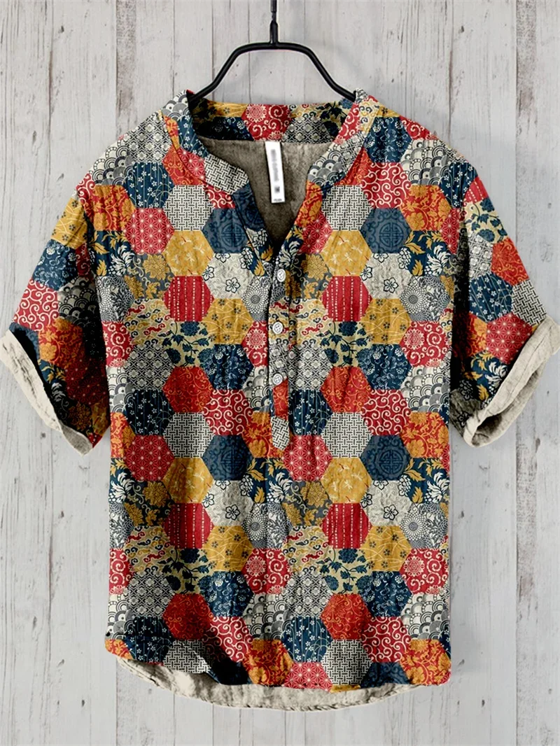 Men's Linen Comfortable Soft Men's Short Sleeve Shirt Hawaiian Fashion Splicing Print Stand Collar Button Shirt Summer Style