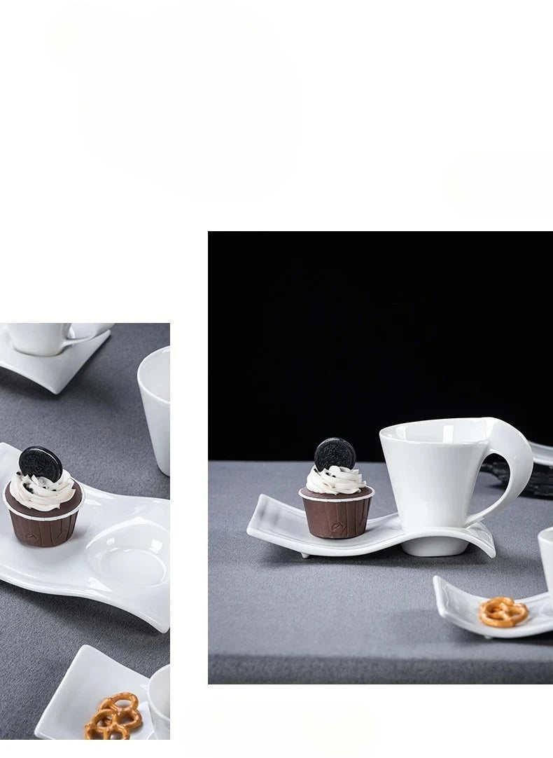 European Ceramic CoffeeCups Set with Wave Shape Plate 80 100 180 and 280ml Modern Minimalist White Cappuccino Latte Dessert Dish