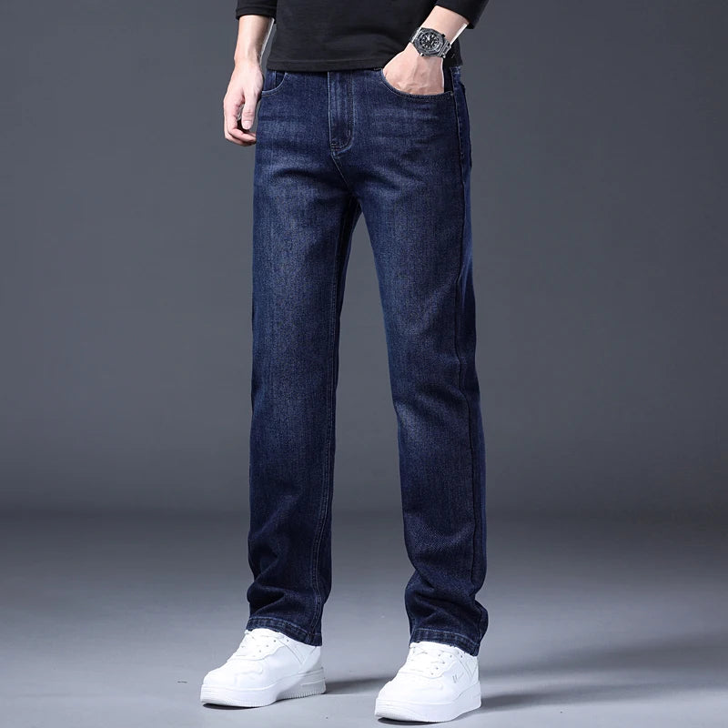 Classic Straight Men's Jeans Spring Slightly Thick Elastic Casual Office Business Trousers Fashion Comfort Washed Denim Pants