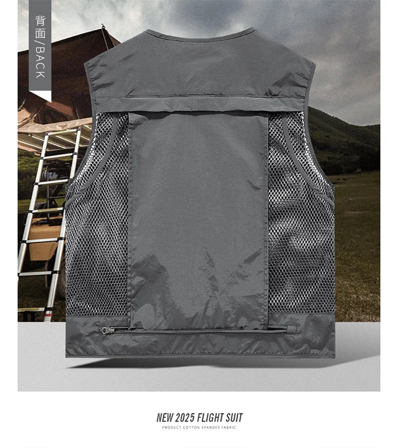 Mesh Men's Fishing Vest Multi Zip Pocket Hiking Waistcoat Male Light Thin Outdoor Sleeveless Jacket Work Summer Travel Plus Size