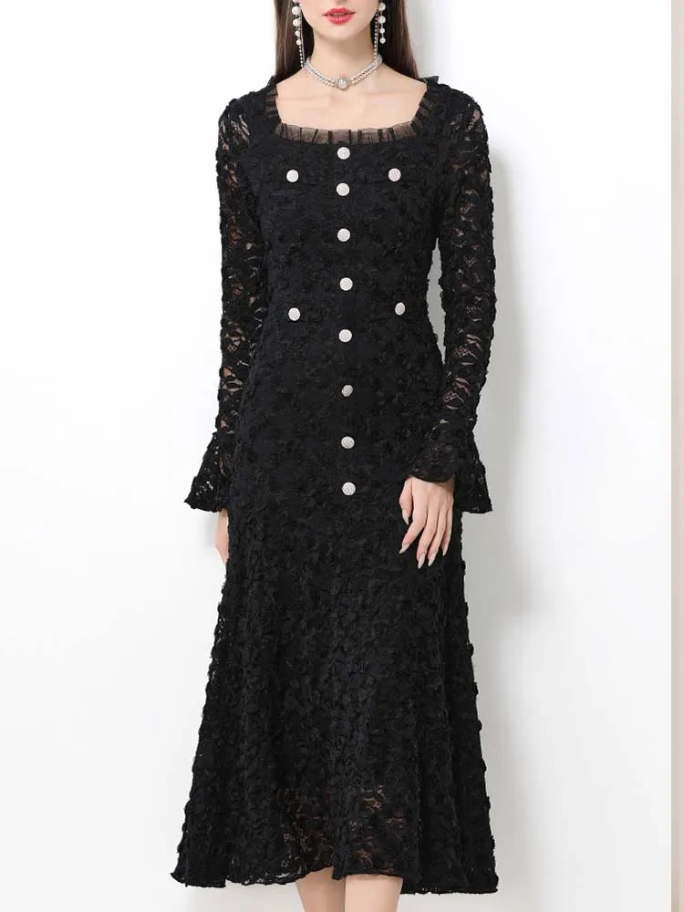 Elegant Square Neck Lace Three-Dimensional Flower Trumpet Sleeve Slim Fit Dress 2025 New Fashionable Autumn Women'S Clothing