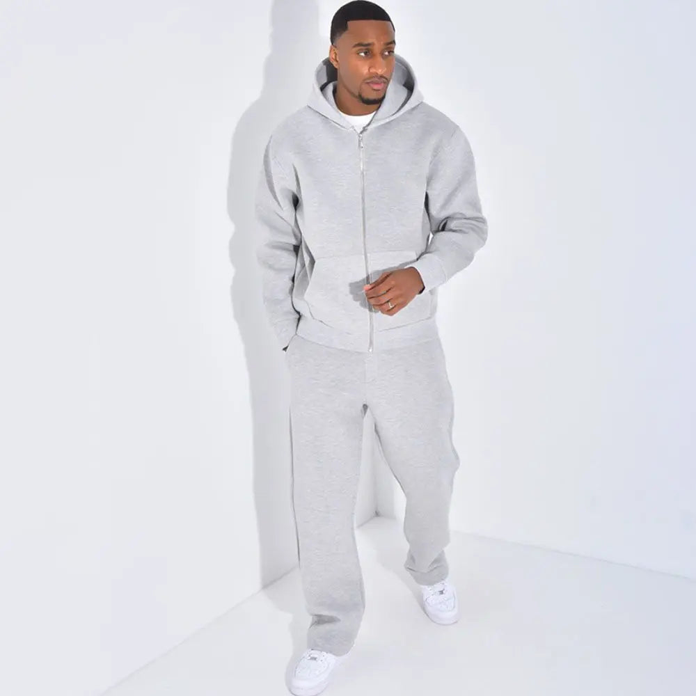 Mens Oversized Zip Up Hooded Jacket Elastic Cuff Jogger Pants Two Piece Casual Tracksuit Set