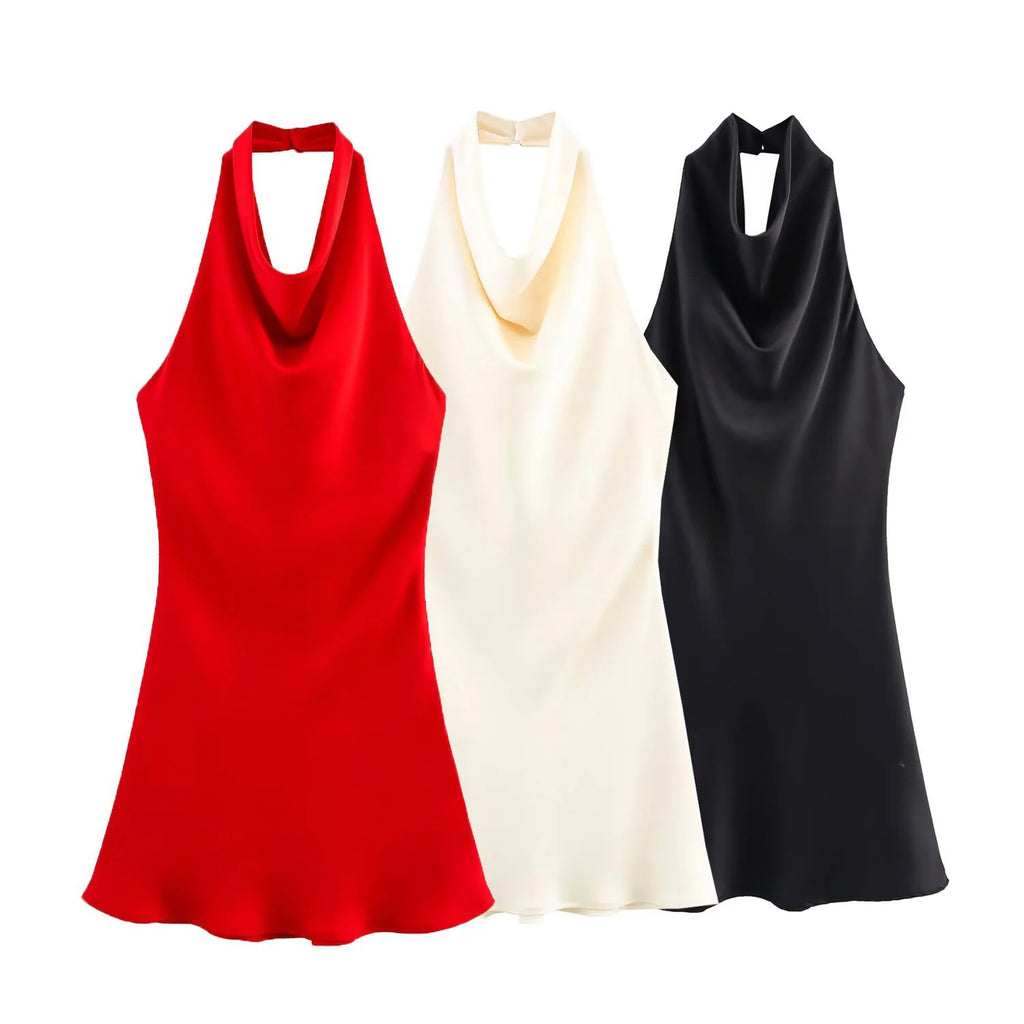 2025 Summer New Women's Clothing Simple Temperament Fashionable And Sexy Backless Silk Satin Texture Hanging Neck Dress