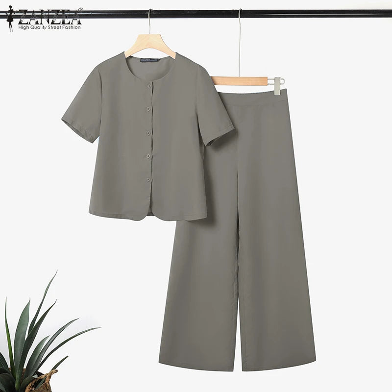 Fashion Summer 2PCS Outfits ZANZEA Women Pant Sets Short Sleeve Buttons Tops Suit Casual Solid Work OL Tracksuits Matching Sets