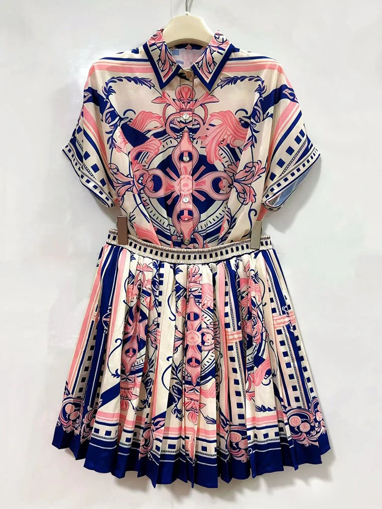 Designer retro geometric print lapel short-sleeved shirt two-piece 2026 summer women's dress+loose pleated skirt fashion suit