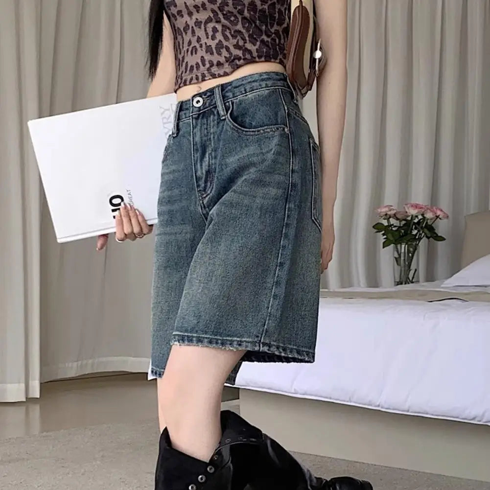Retro Style Women Denim Shorts High Waist Vintage Washed Straight Wide Leg Button Zipper Knee Length Jeans Shorts Summer