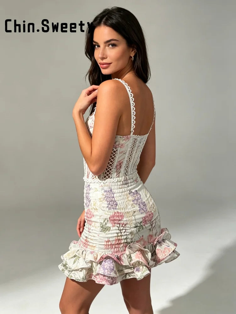 Sexy Women's Floral Printed Mini Ruffle Skirt Set Slim Lace Trim Hollow Spaghetti Strap Top Pleated Skirts 2026 Summer Lady Suit