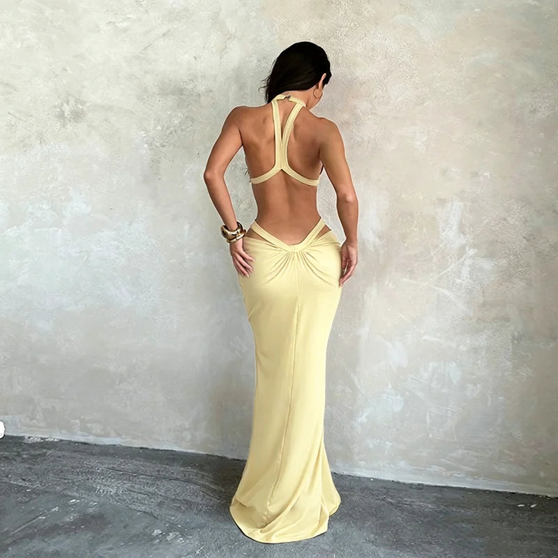 Halter Cut-Out Draped Super-Cut Back Bare Elegant Party Maxi Dress Waistless Backless Sleeveless Khaki Evening Prom Long Dress