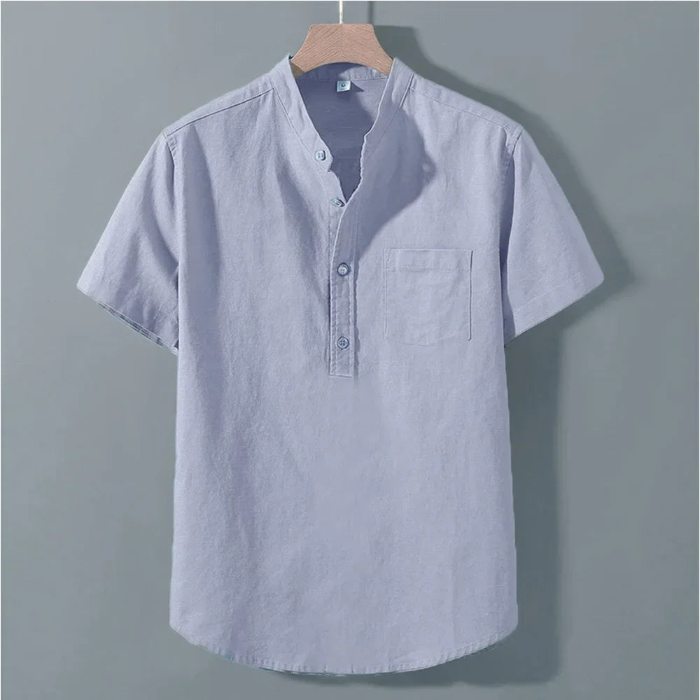 Men's Summer Solid Colour Short Sleeve Shirt Pocket Design Daily Casual Comfortable Breathable Cotton Linen Shirt Top