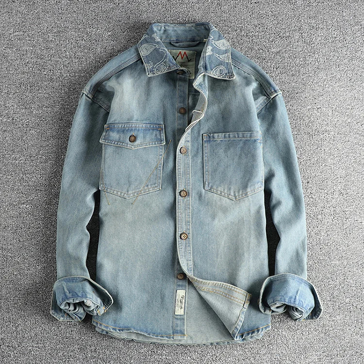 Heavy collar cashew flower embroidery design sense of British vintage denim shirt men's autumn trend coat with long sleeves