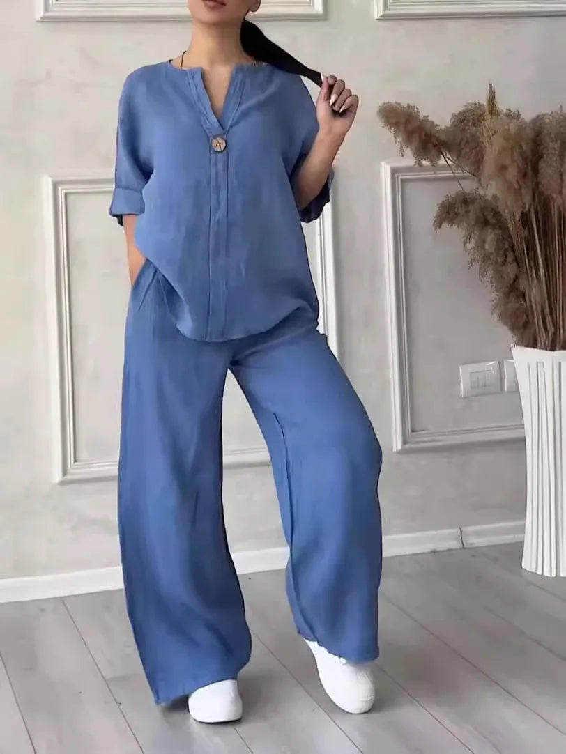 Casual Solid Color Pullover Long Pants 2-piece Set Women's Cotton and Linen Pants Suit White Pink