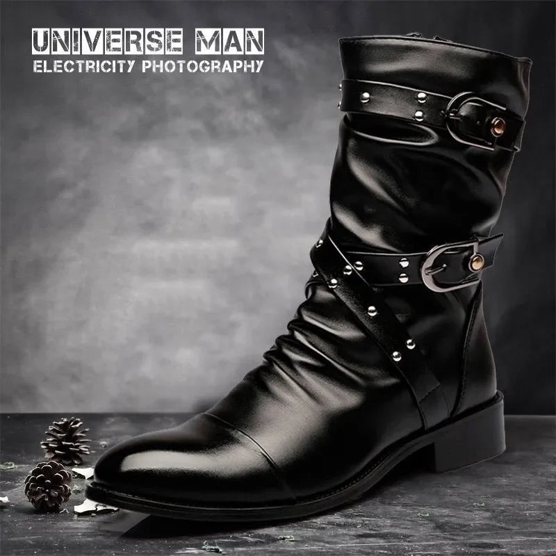 Men's Leather High Quality Mid Tube Boots Fashion Classic Autumn Winter Black Punk Rock Shoes Casual Men